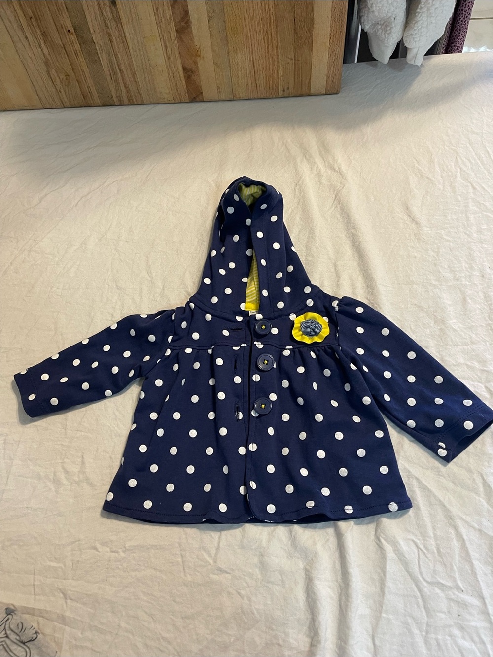 Carter's Navy Polka Dot Hooded Coat with Yellow Flower Accent